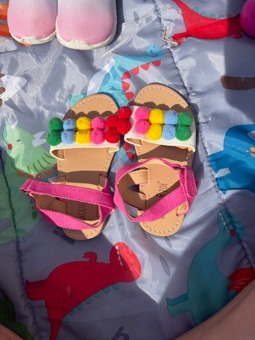 Magnolia Pink Kids Sandals with Multicolor Pom-Poms